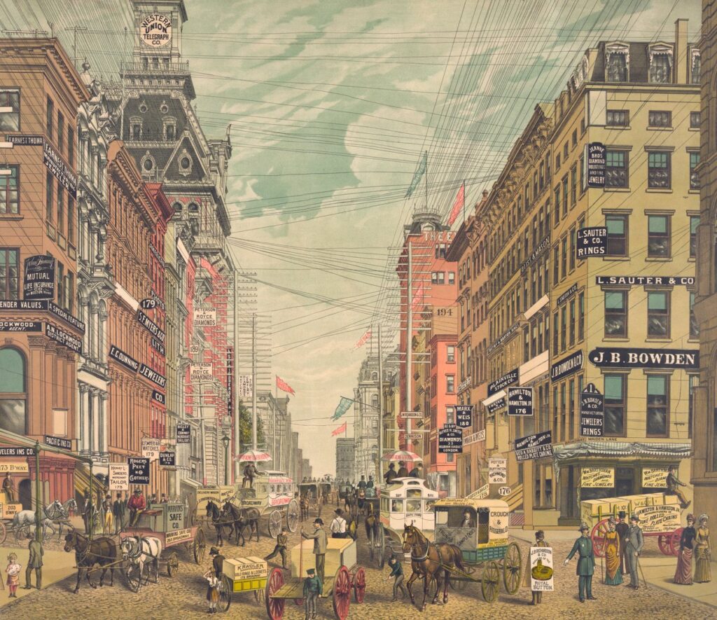 American School Vintage View of Broadway in New York City c1880 chromolithograph MeisterDrucke 1492947